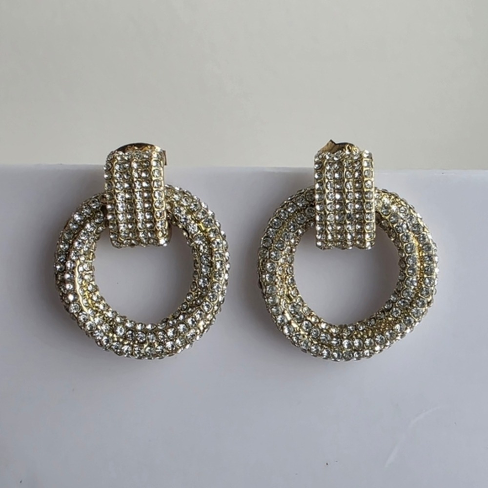 Gold Crystal Door Knob Hoop Earrings Pierced - Picture 3 of 11